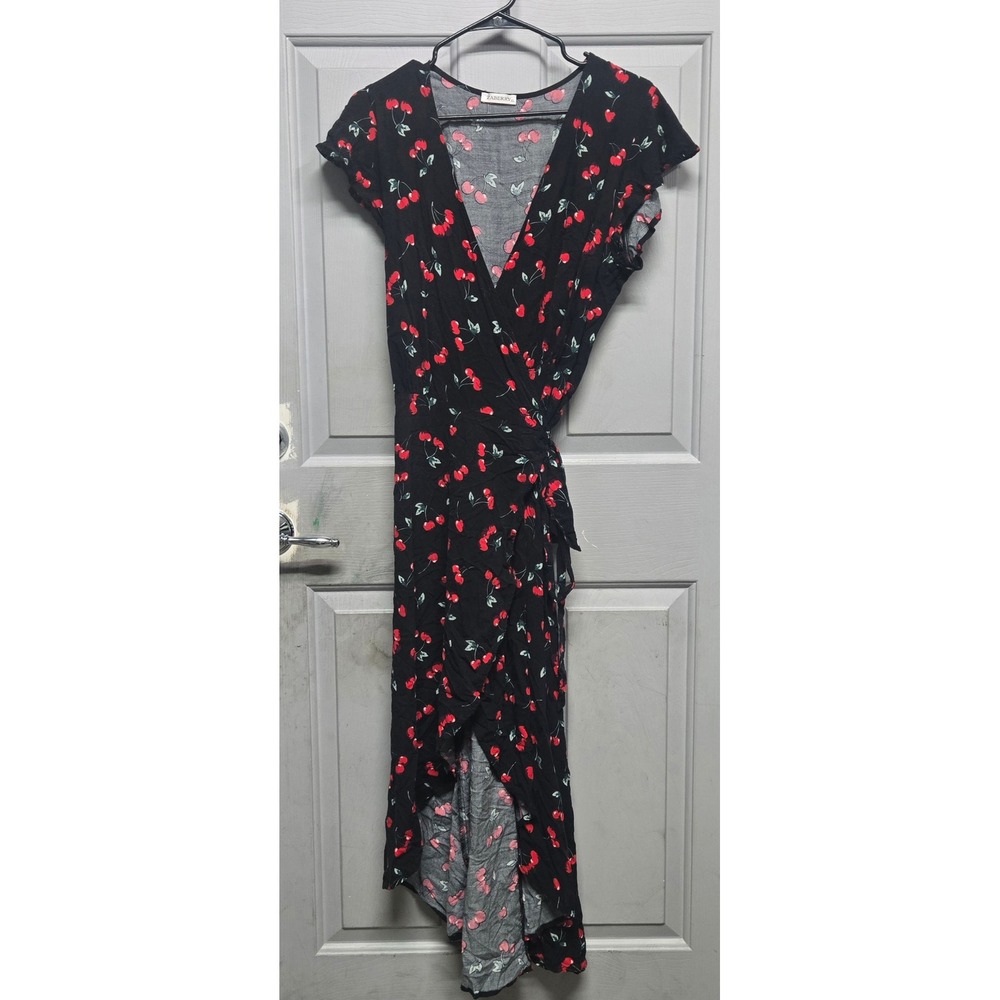 Rockabilly Pin Up Cherry Print Wrap Dress Black Red High Low Rayon XL Vamp Sexy